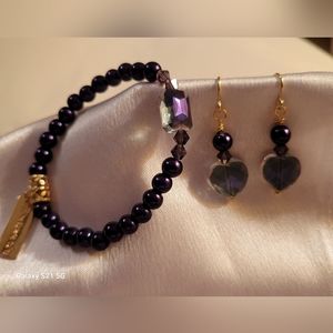 Royal purple stretch bracelet & earring set with blessings dangle charm.